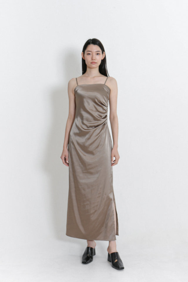 STRETCH SATIN GATHER CAMISOLE DRESS